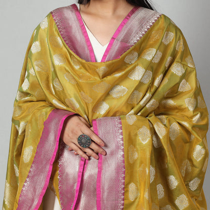 Yellow - Pure Banarasi Katan Silk Handwoven Gold & Silver Zari Meena Buti Dupatta