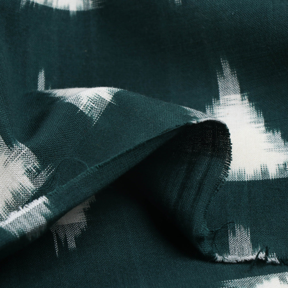 Triangular Motifs On Pine Green Traditional Pochampally Woven Double Ikat Handloom Cotton Fabric