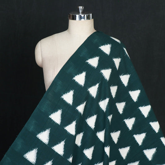Triangular Motifs On Pine Green Traditional Pochampally Woven Double Ikat Handloom Cotton Fabric