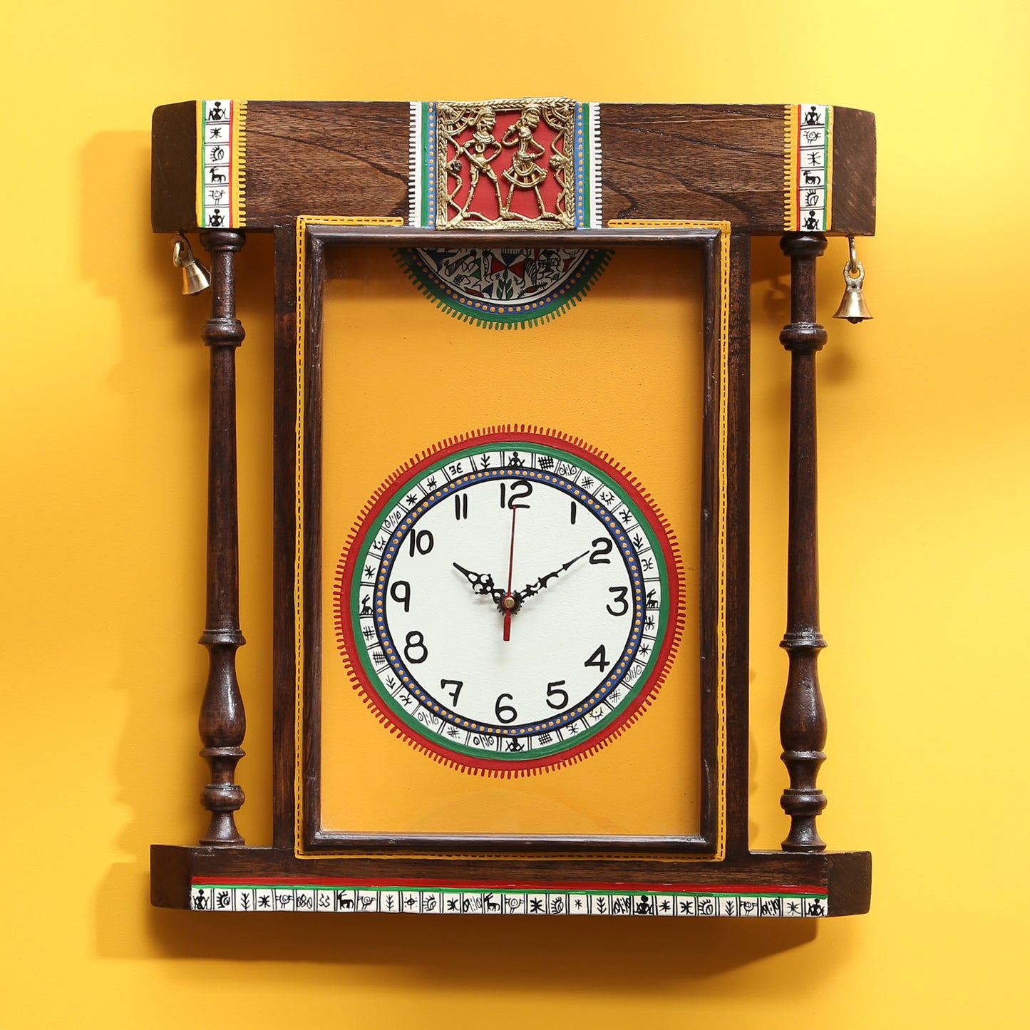 Wall Clock Handcrafted Warli Art Yellow Dial with Glass Frame (14x16)