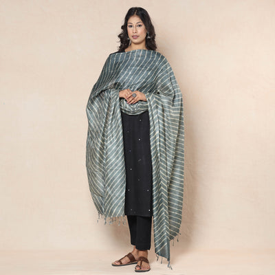 Grey - Leheriya Tie-Dye Tussar Silk Handloom Dupatta with Tassels
