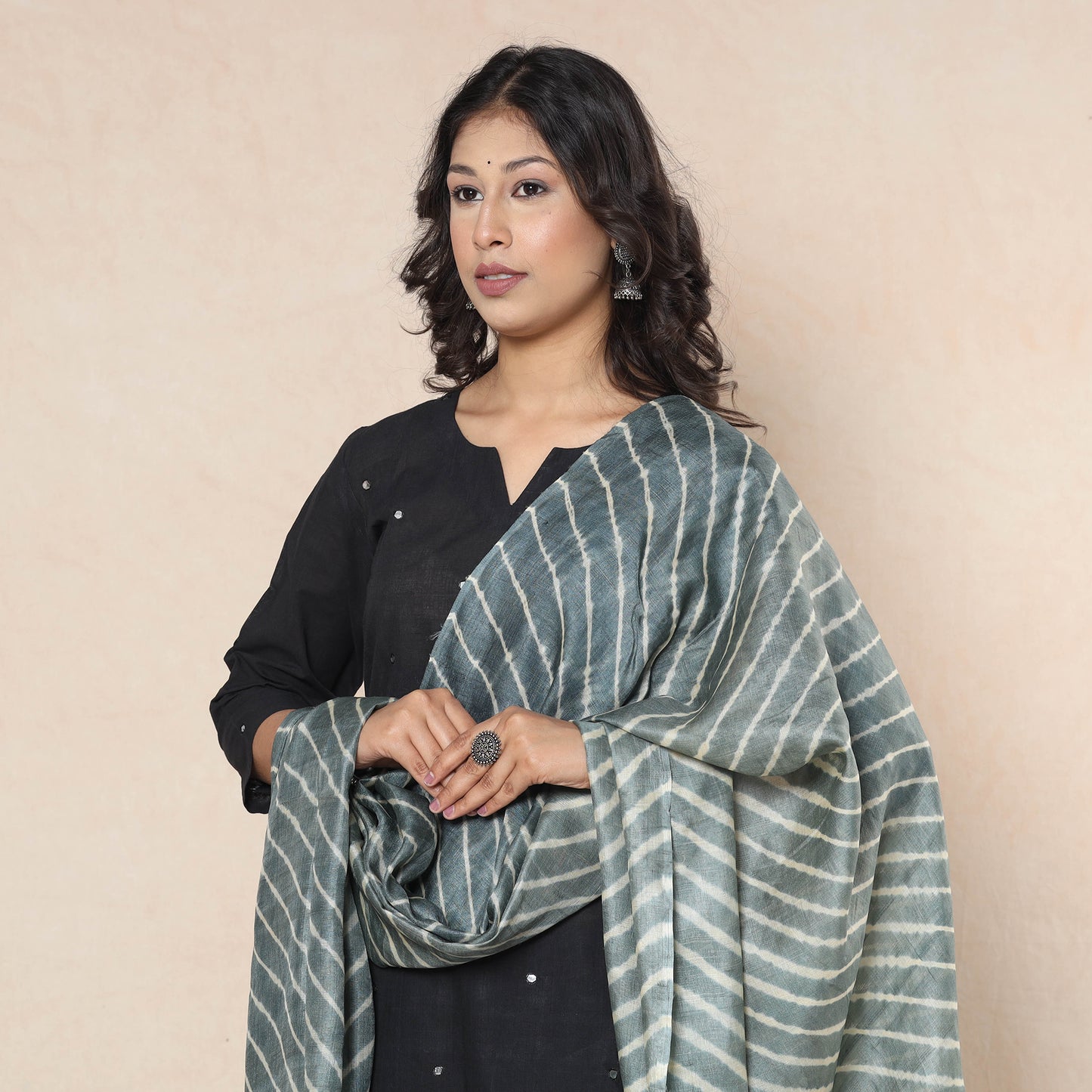 Grey - Leheriya Tie-Dye Tussar Silk Handloom Dupatta with Tassels