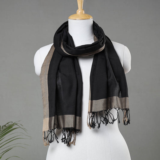 Black - Traditional Maheshwari Cotton Handloom Stole with Tassels