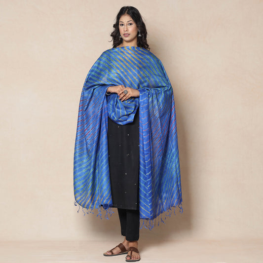 Blue - Leheriya Tie-Dye Tussar Silk Handloom Dupatta with Tassels