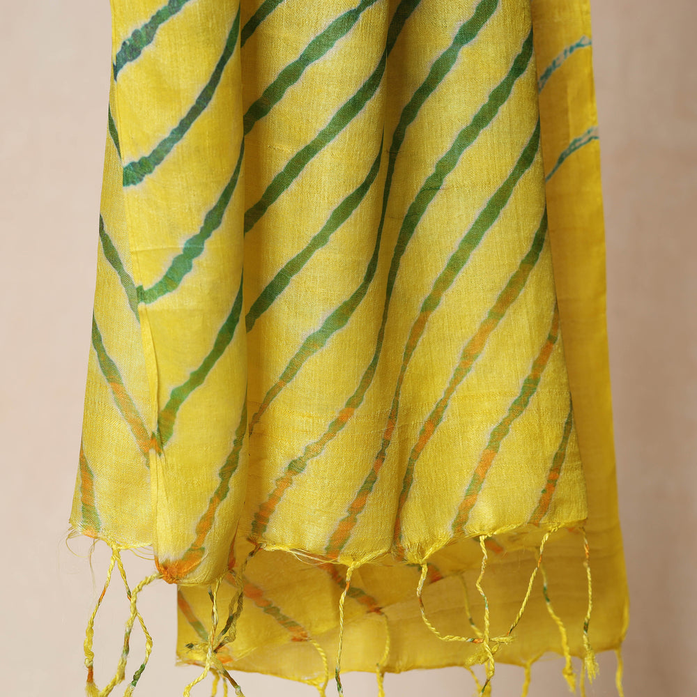 Yellow - Leheriya Tie-Dye Tussar Silk Handloom Dupatta with Tassels