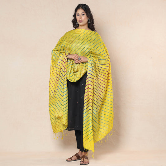 Yellow - Leheriya Tie-Dye Tussar Silk Handloom Dupatta with Tassels