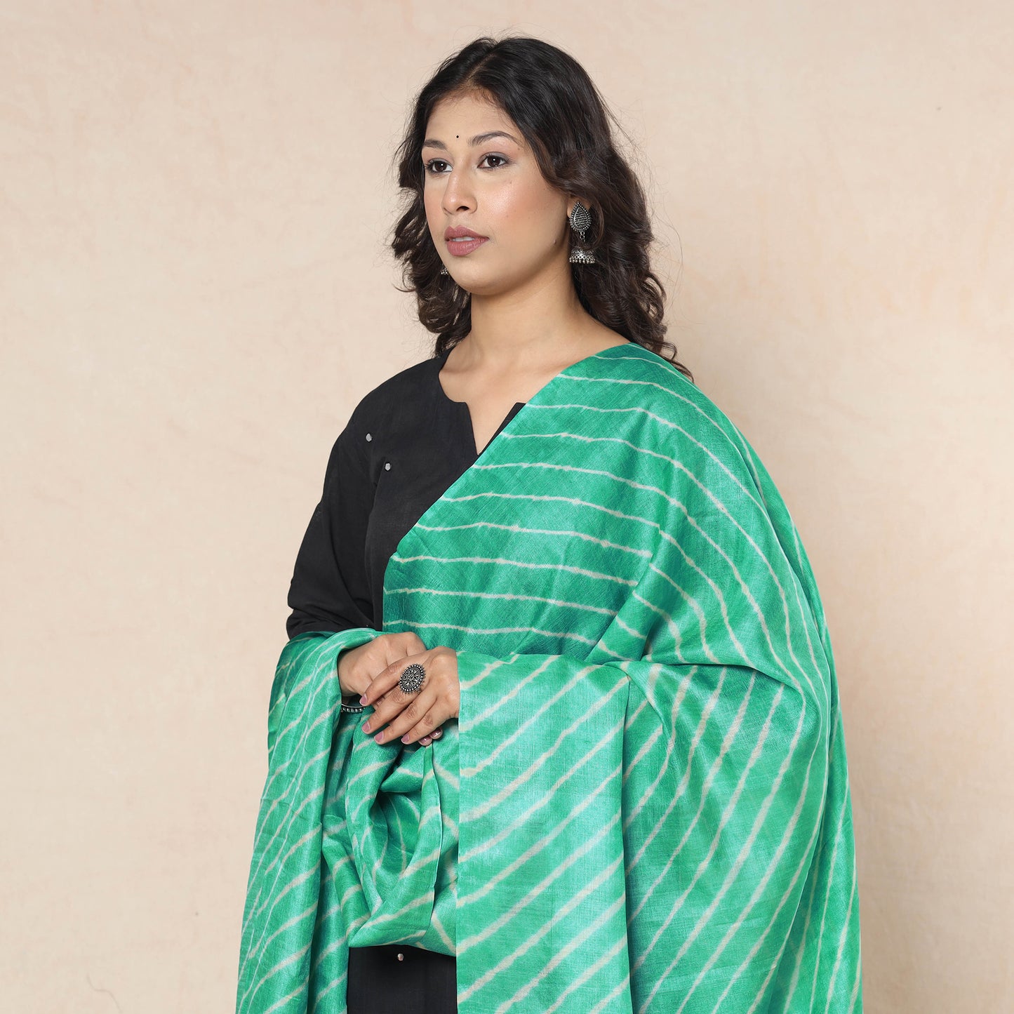 Green - Leheriya Tie-Dye Tussar Silk Handloom Dupatta with Tassels