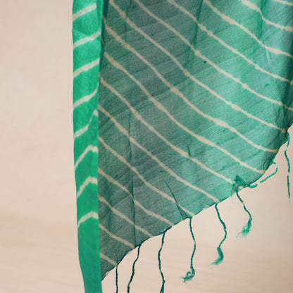 Green - Leheriya Tie-Dye Tussar Silk Handloom Dupatta with Tassels