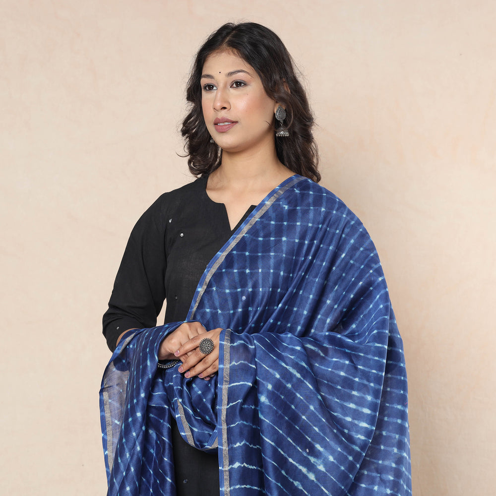 Blue - Leheriya Tie-Dye Mothra Chanderi Silk Dupatta with Tassels