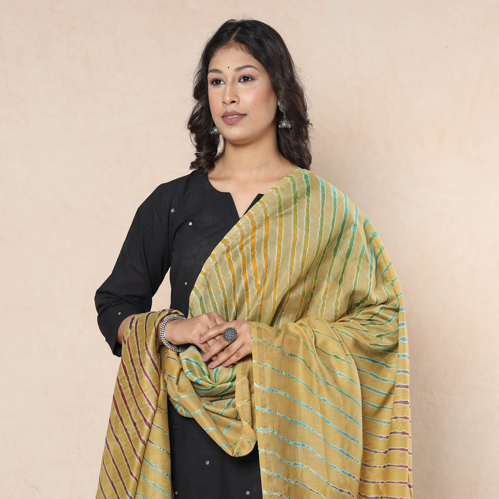 Yellow - Leheriya Tie-Dye Chanderi Silk Dupatta with Tassels