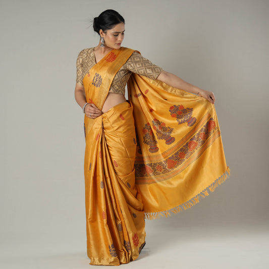 Yellow - Pure Kosa Tussar Silk Handloom Jala Weave Saree