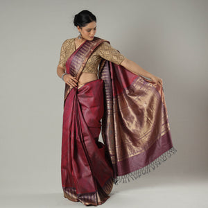 Maroon - Pure Kosa Tussar Silk Handloom Jala Weave Saree