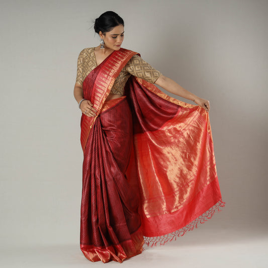 Red - Pure Kosa Tussar Silk Handloom Jala Weave Saree