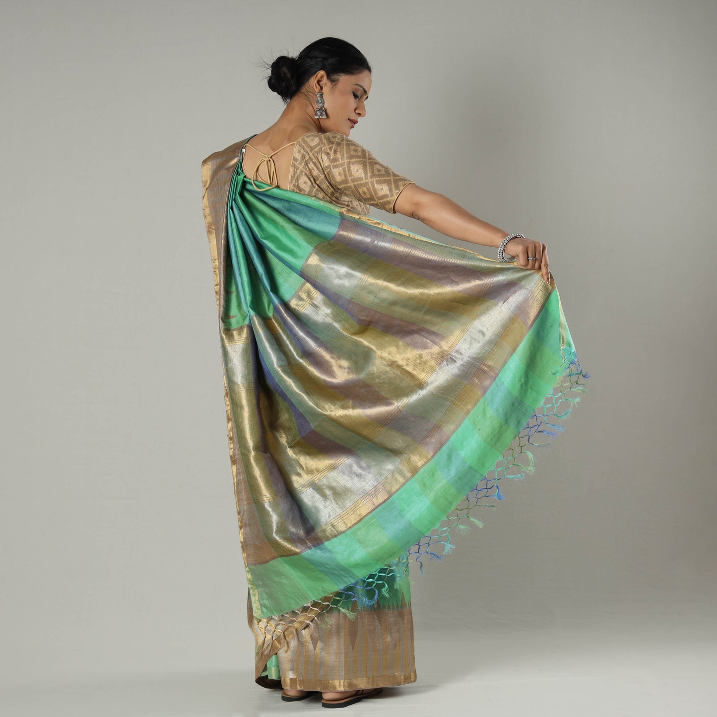 Green - Pure Kosa Tussar Silk Pure Handloom Saree with Temple Woven Border