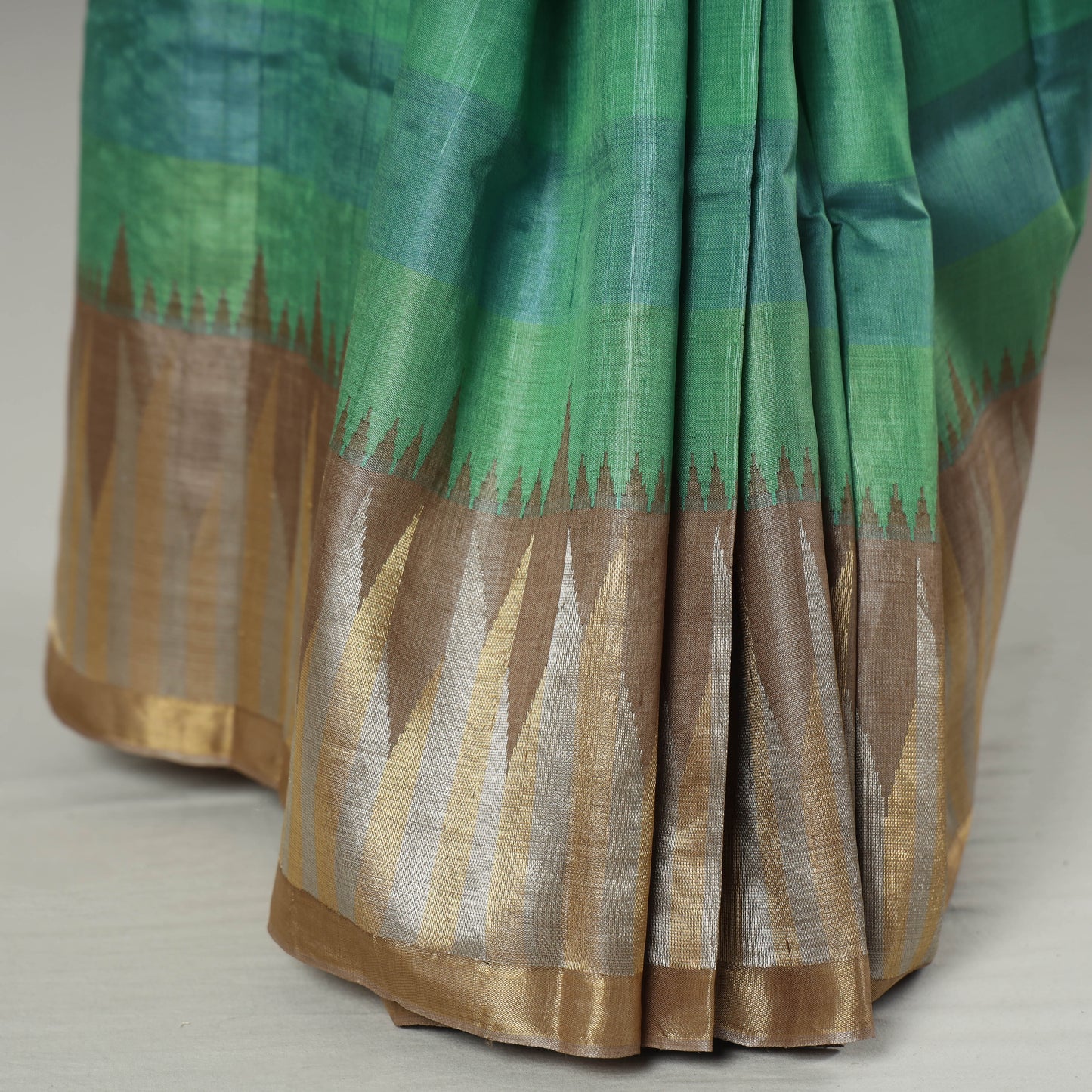 Green - Pure Kosa Tussar Silk Pure Handloom Saree with Temple Woven Border