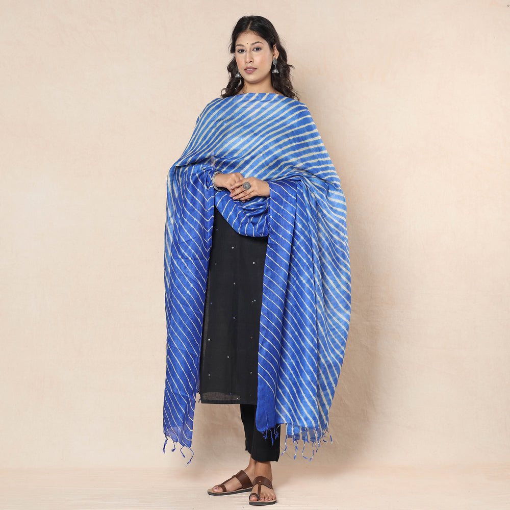 Blue - Leheriya Tie-Dye Tussar Silk Handloom Dupatta with Tassels