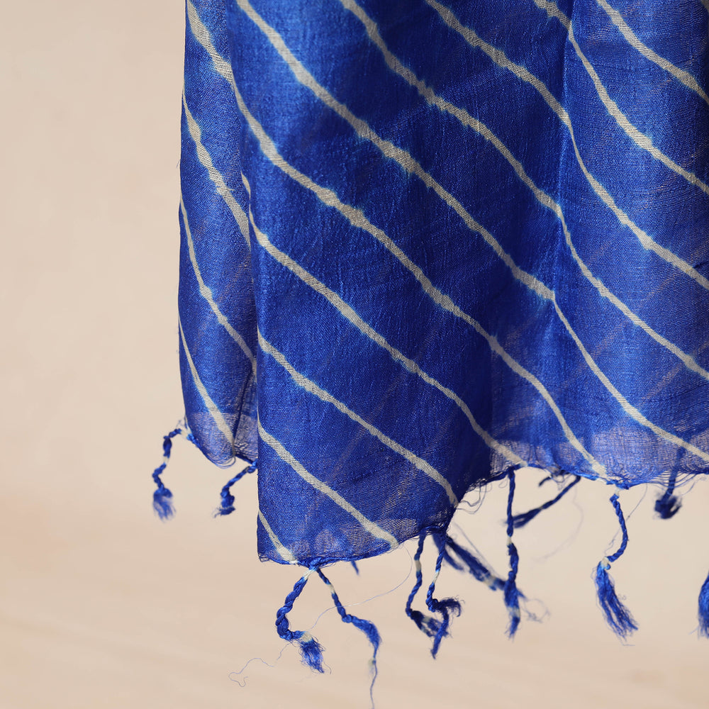 Blue - Leheriya Tie-Dye Tussar Silk Handloom Dupatta with Tassels