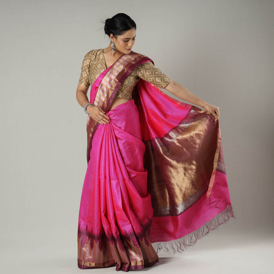 Pink - Pure Kosa Tussar Silk Pure Handloom Saree with Temple Woven Border