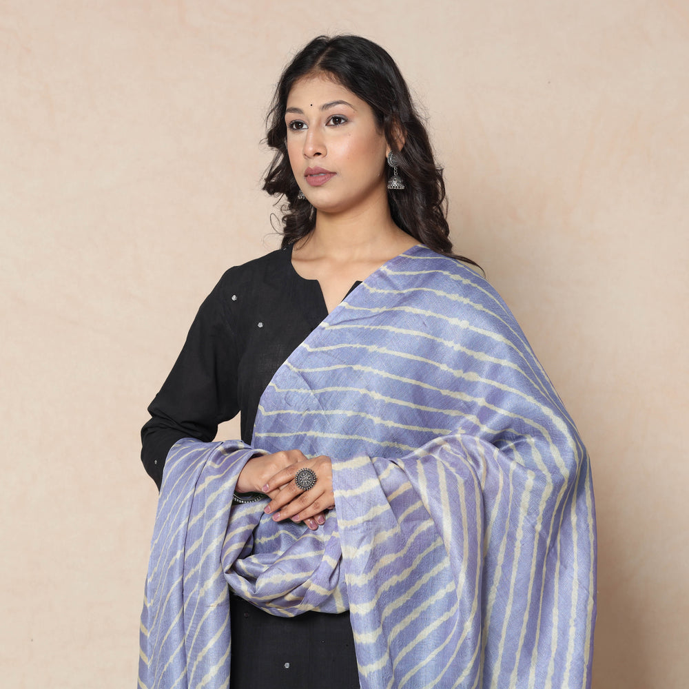 Blue - Leheriya Tie-Dye Tussar Silk Handloom Dupatta with Tassels