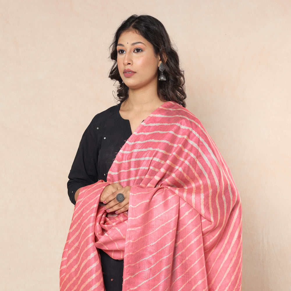 Pink - Leheriya Tie-Dye Tussar Silk Handloom Dupatta with Tassels