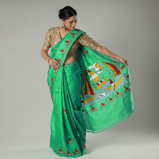 Green - Bengal Kantha Embroidery Bishnupuri Silk Handloom Saree
