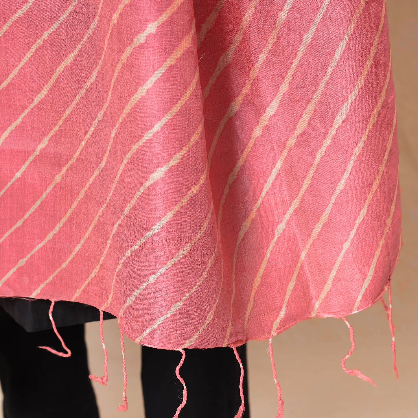 Pink - Leheriya Tie-Dye Tussar Silk Handloom Dupatta with Tassels