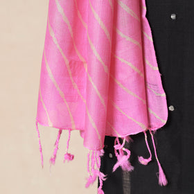 Pink - Leheriya Tie-Dye Tussar Silk Handloom Dupatta with Tassels