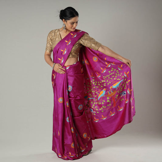 Purple - Bengal Kantha Embroidery Banarasi Silk Handloom Saree