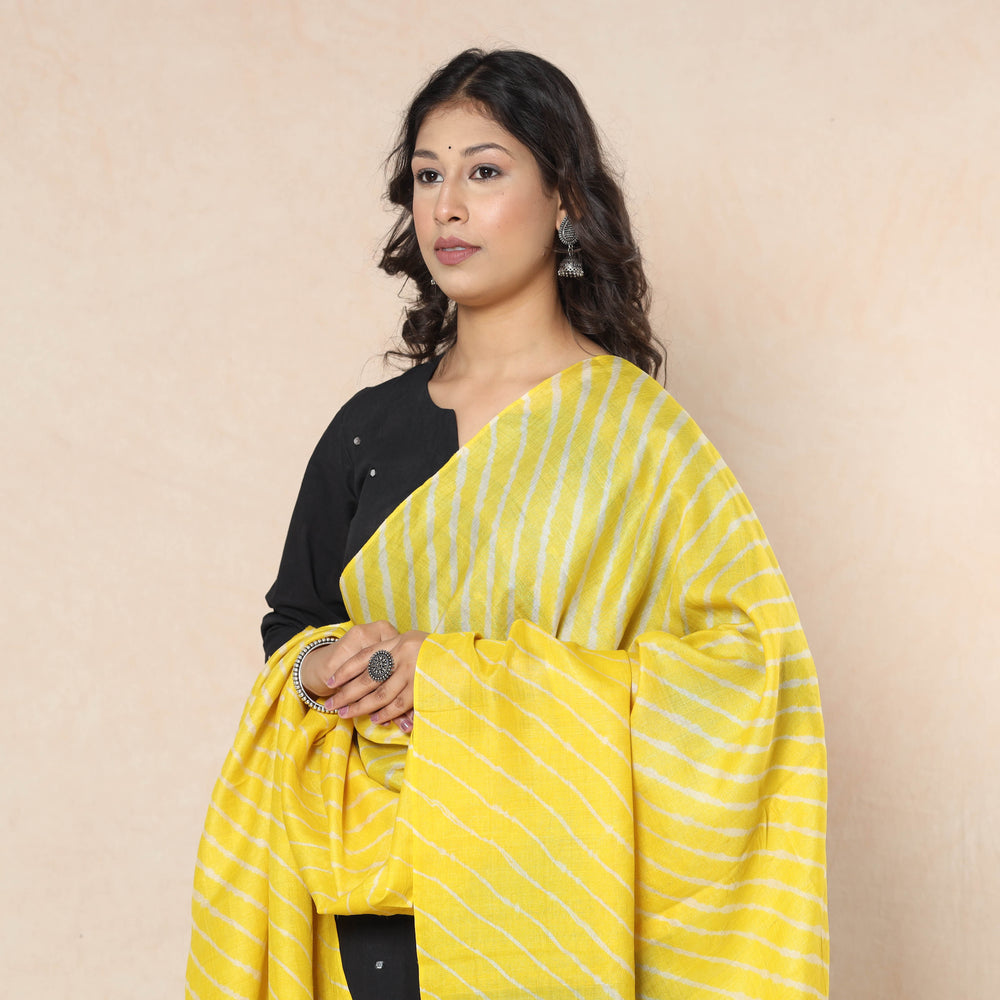 Yellow - Leheriya Tie-Dye Tussar Silk Handloom Dupatta with Tassels