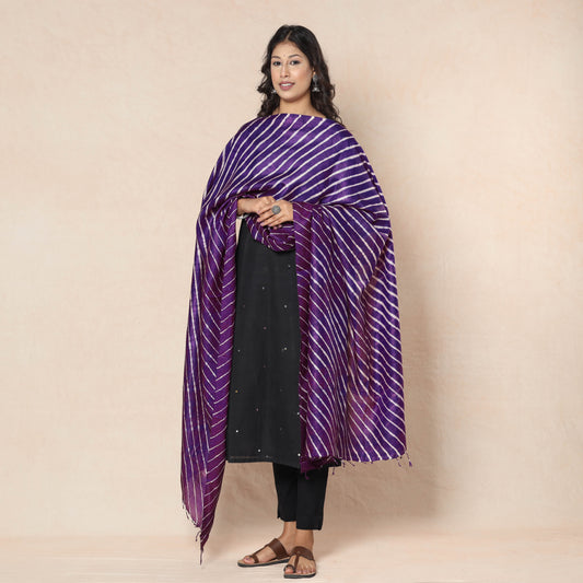 Purple - Leheriya Tie-Dye Tussar Silk Handloom Dupatta with Tassels