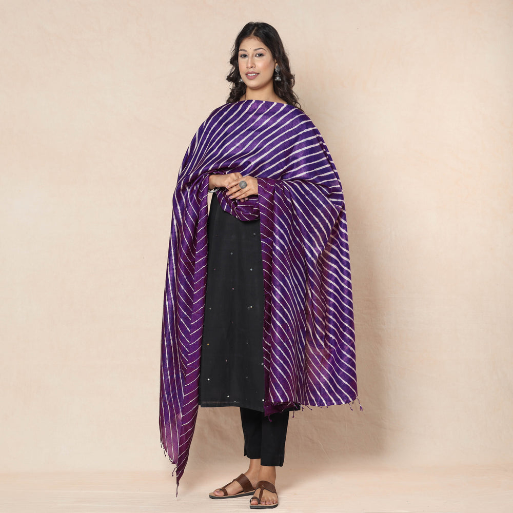 Purple - Leheriya Tie-Dye Tussar Silk Handloom Dupatta with Tassels