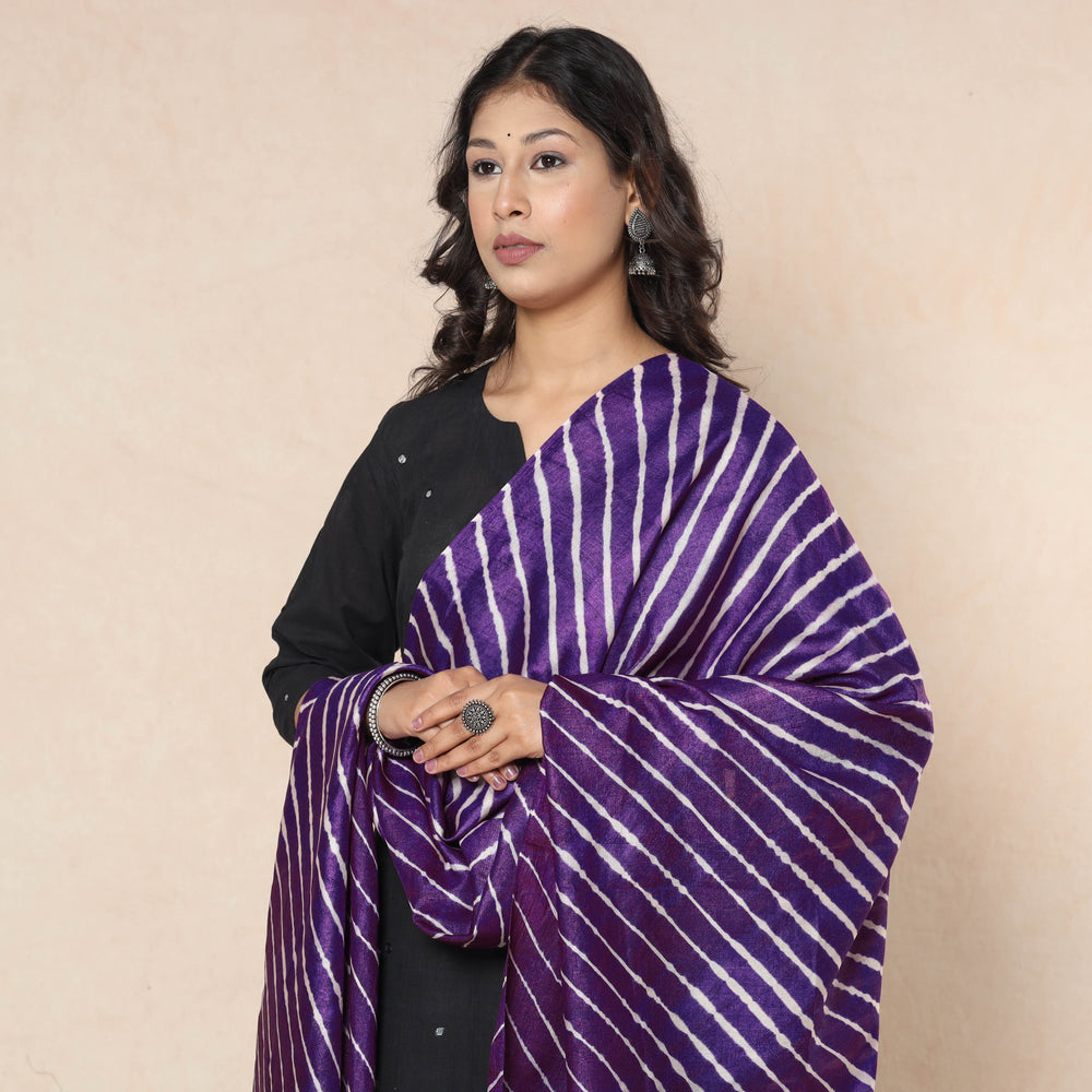 Purple - Leheriya Tie-Dye Tussar Silk Handloom Dupatta with Tassels