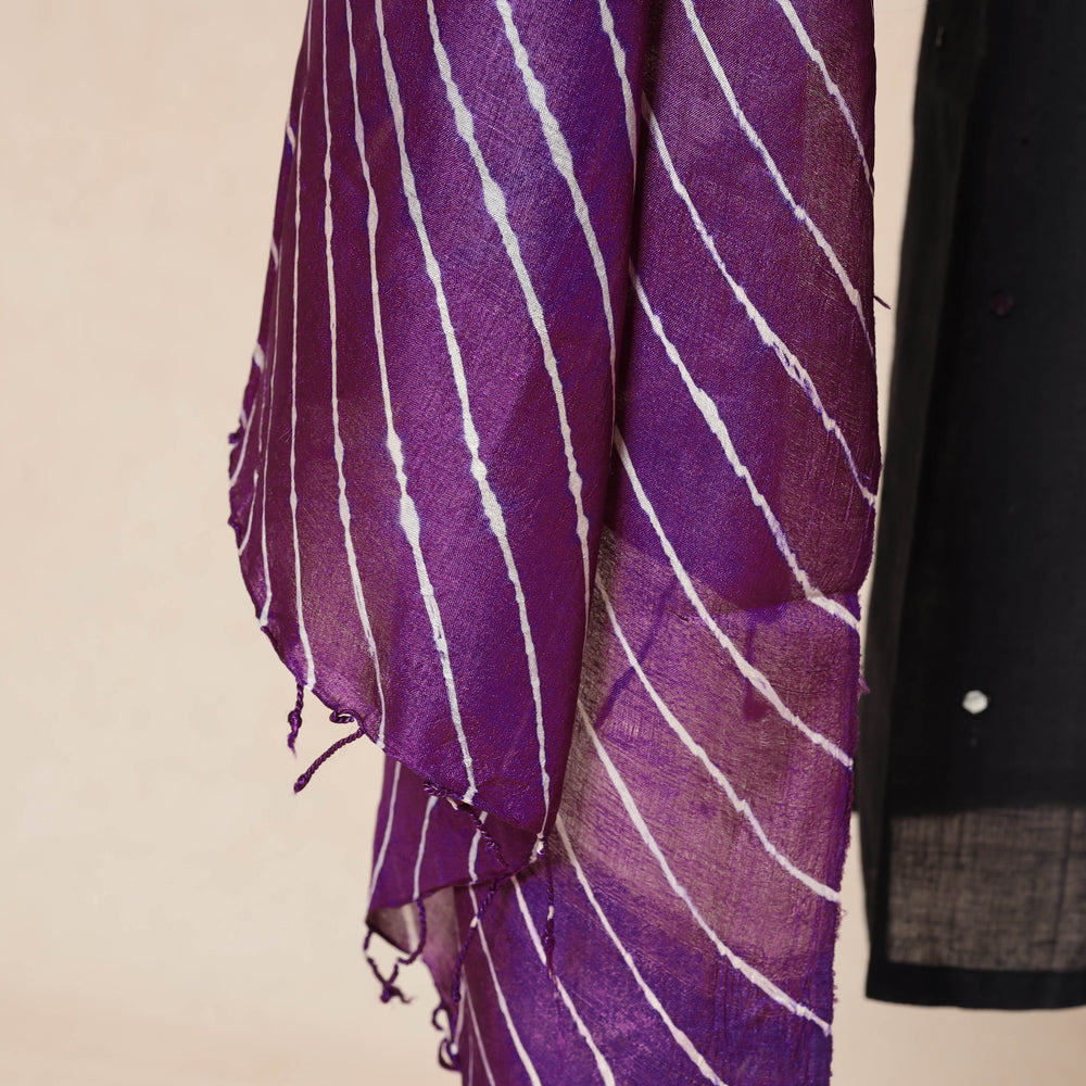 Purple - Leheriya Tie-Dye Tussar Silk Handloom Dupatta with Tassels