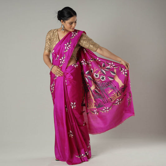 Pink - Bengal Kantha Embroidery Banarasi Silk Handloom Saree