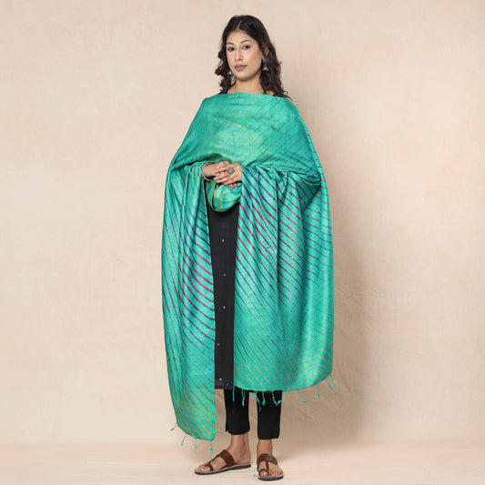 Green - Multicolor Leheriya Tie-Dye Tussar Silk Handloom Dupatta with Tassels
