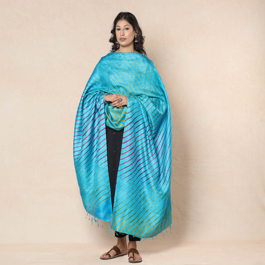 Blue - Multicolor Leheriya Tie-Dye Tussar Silk Handloom Dupatta with Tassels