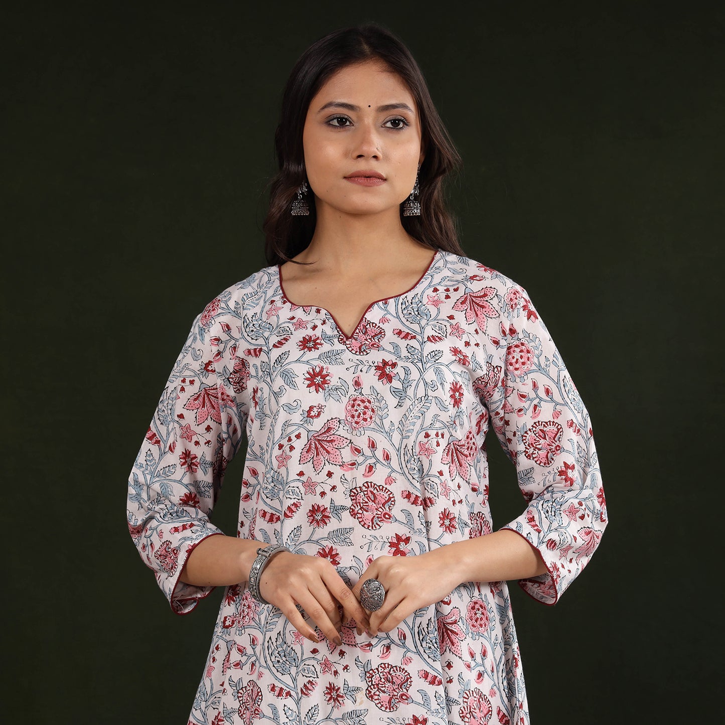 White - Sanganeri Block Printing Cotton A-Line Long Kurta