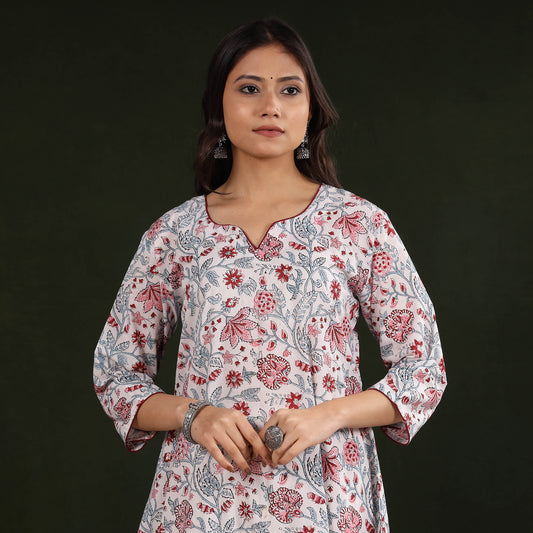 White - Sanganeri Block Printing Cotton A-Line Long Kurta