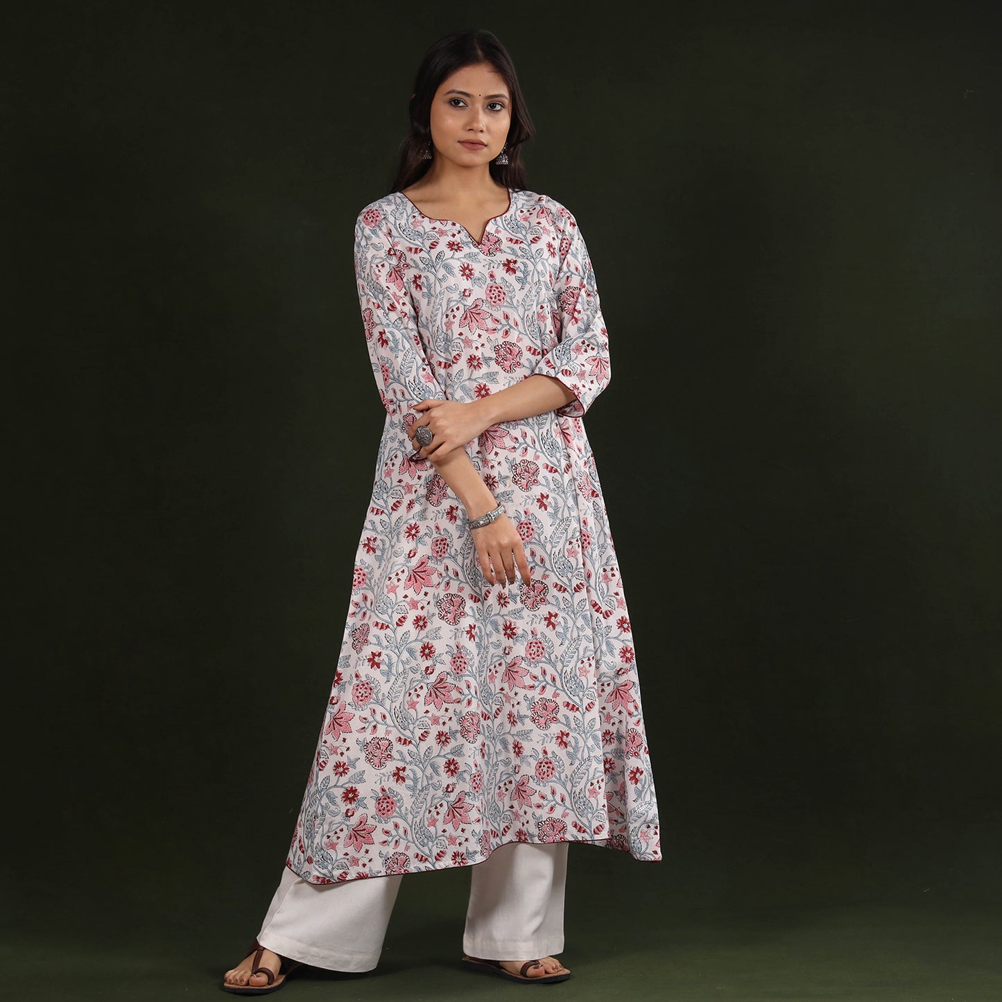 White - Sanganeri Block Printing Cotton A-Line Long Kurta