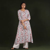 White - Sanganeri Block Printing Cotton A-Line Long Kurta