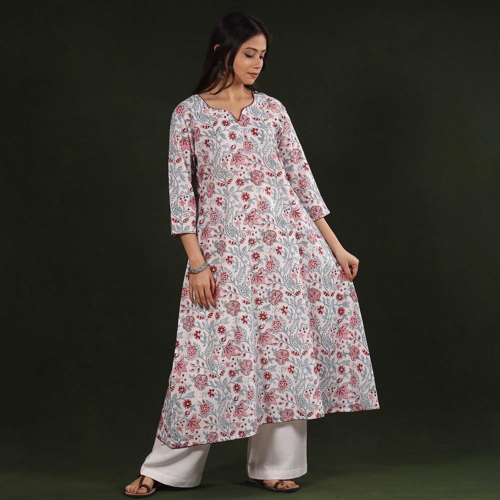 White - Sanganeri Block Printing Cotton A-Line Long Kurta