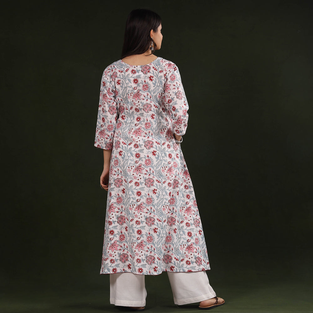 White - Sanganeri Block Printing Cotton A-Line Long Kurta