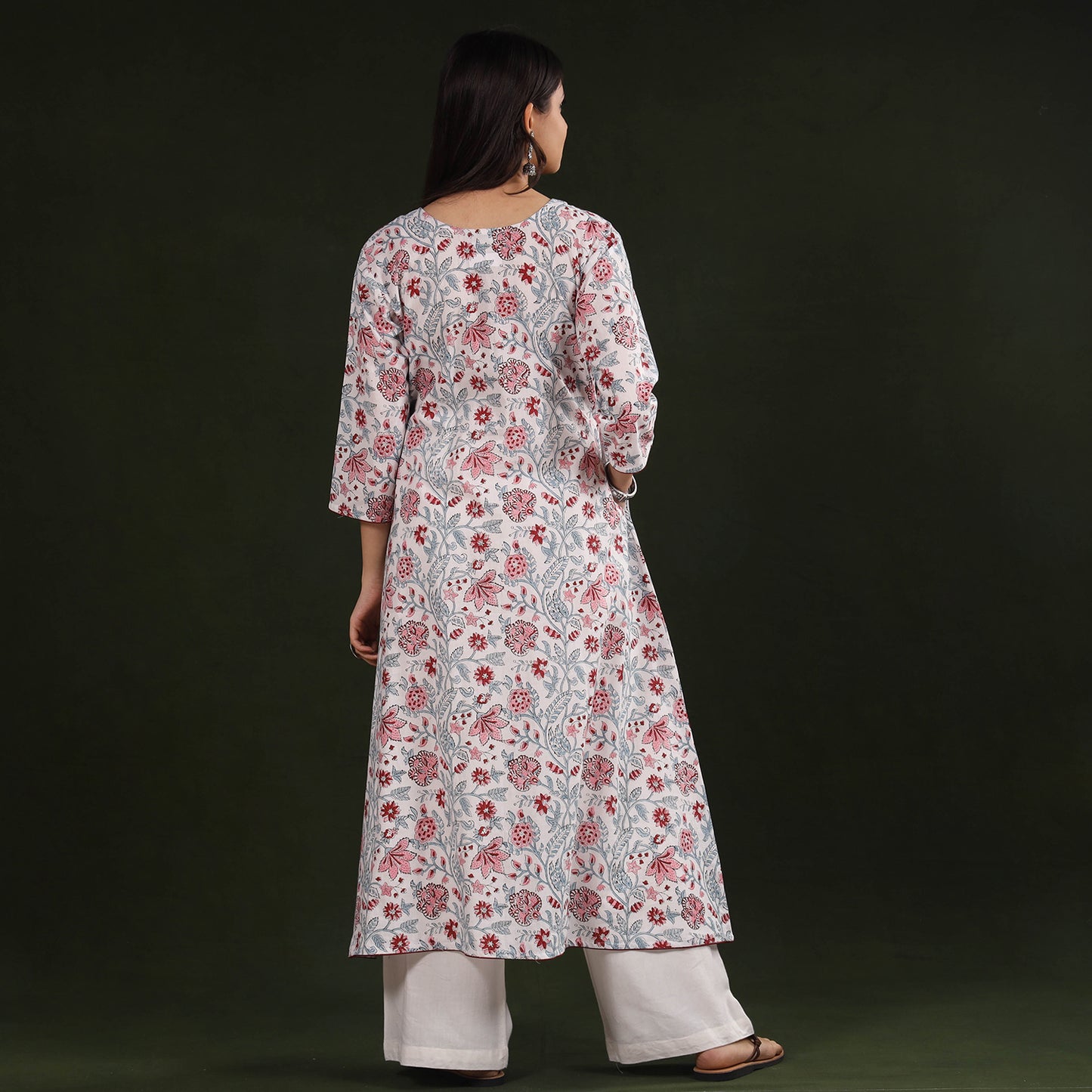 White - Sanganeri Block Printing Cotton A-Line Long Kurta