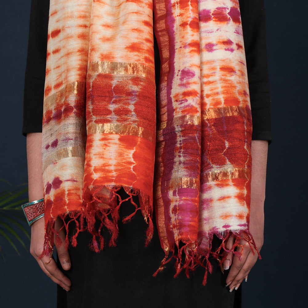 Multicolor - Pure Handloom Spun Silk Tie-Dye Stole with Ghicha Border