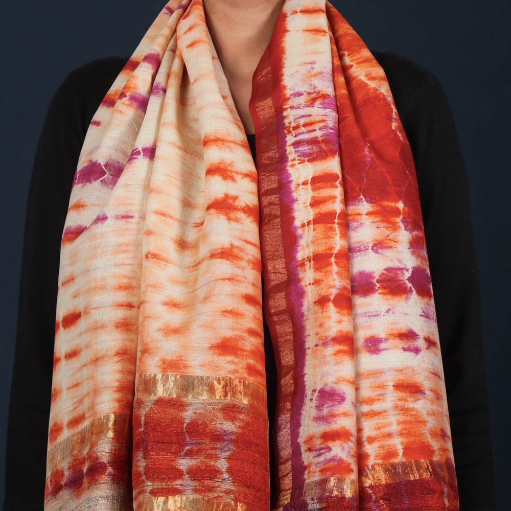 Multicolor - Pure Handloom Spun Silk Tie-Dye Stole with Ghicha Border