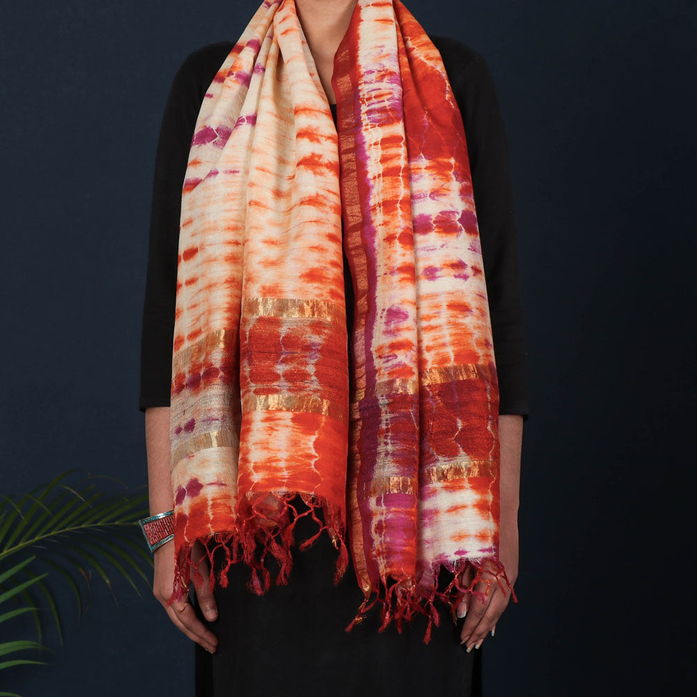 Multicolor - Pure Handloom Spun Silk Tie-Dye Stole with Ghicha Border