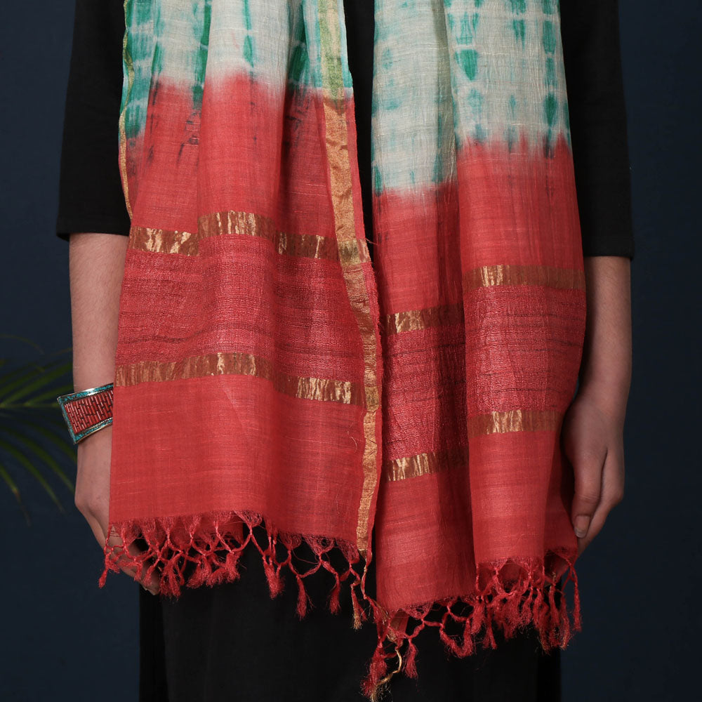 Multicolor - Pure Handloom Spun Silk Tie-Dye Stole with Ghicha Border