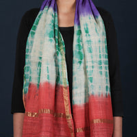 Multicolor - Pure Handloom Spun Silk Tie-Dye Stole with Ghicha Border