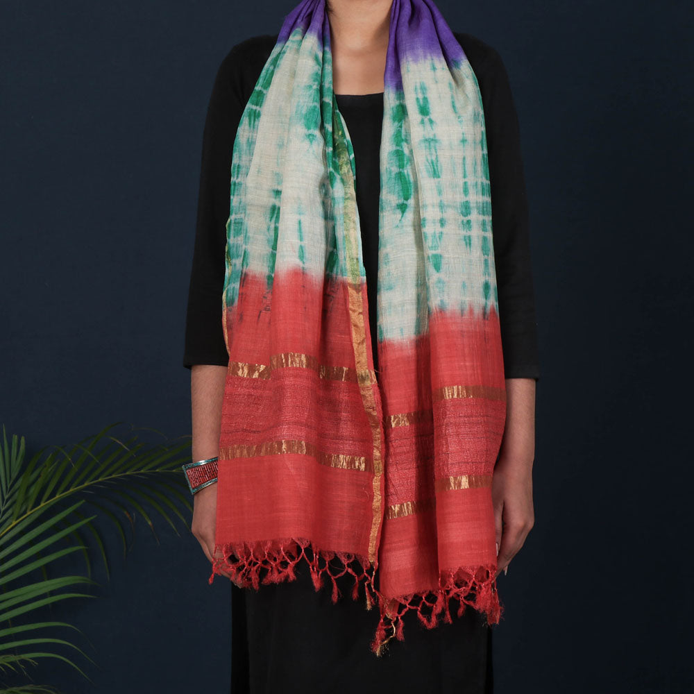 Multicolor - Pure Handloom Spun Silk Tie-Dye Stole with Ghicha Border