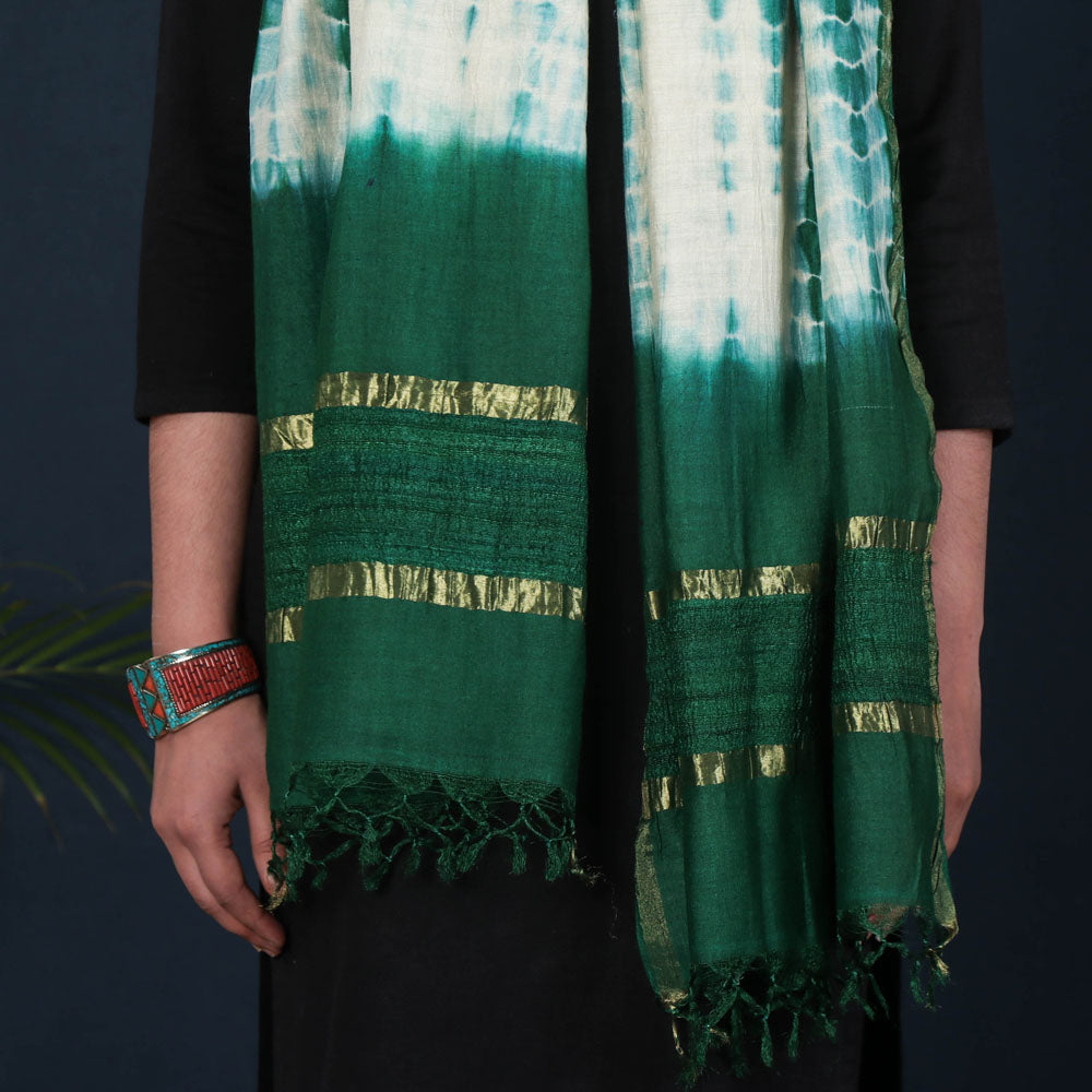 Green - Pure Handloom Spun Silk Tie-Dye Stole with Ghicha Border